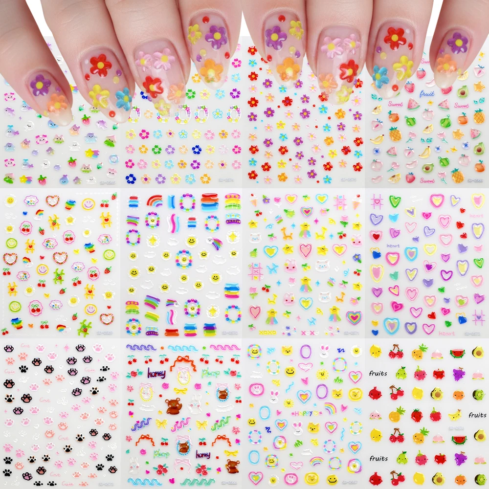 

5D Colorful Flower Heart Fruit Jelly Nail Sticker Embossed Cute Bear Star Self Adhesive Decal Nail Art Decoration DIY Manicure