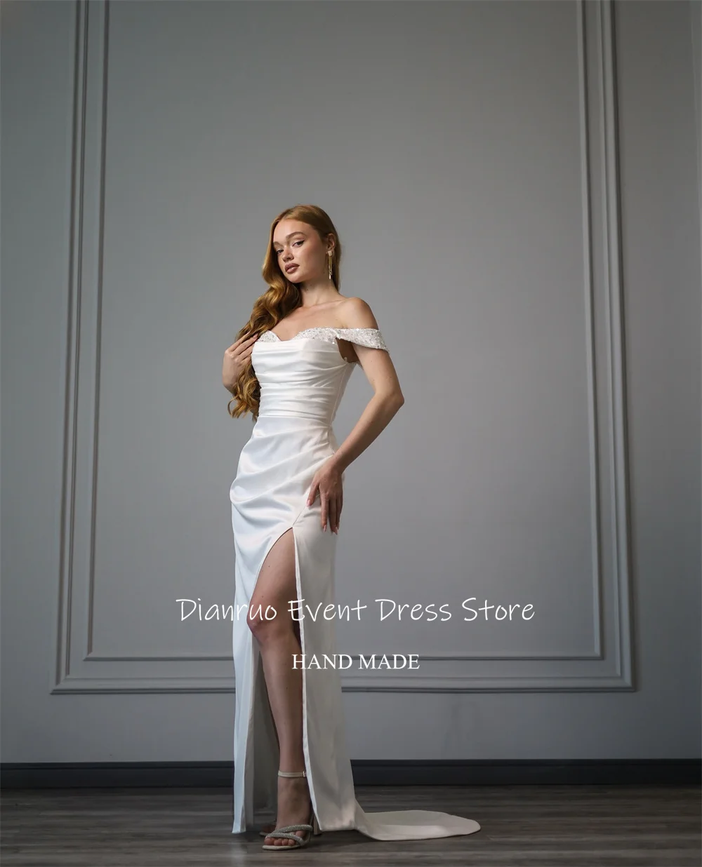 Dianruo Geraffte Mieder Anmutige Brautkleider Off Schulter Asymmetrische Vestido De Noiva Seite Schlitz Abendkleider Angepasst