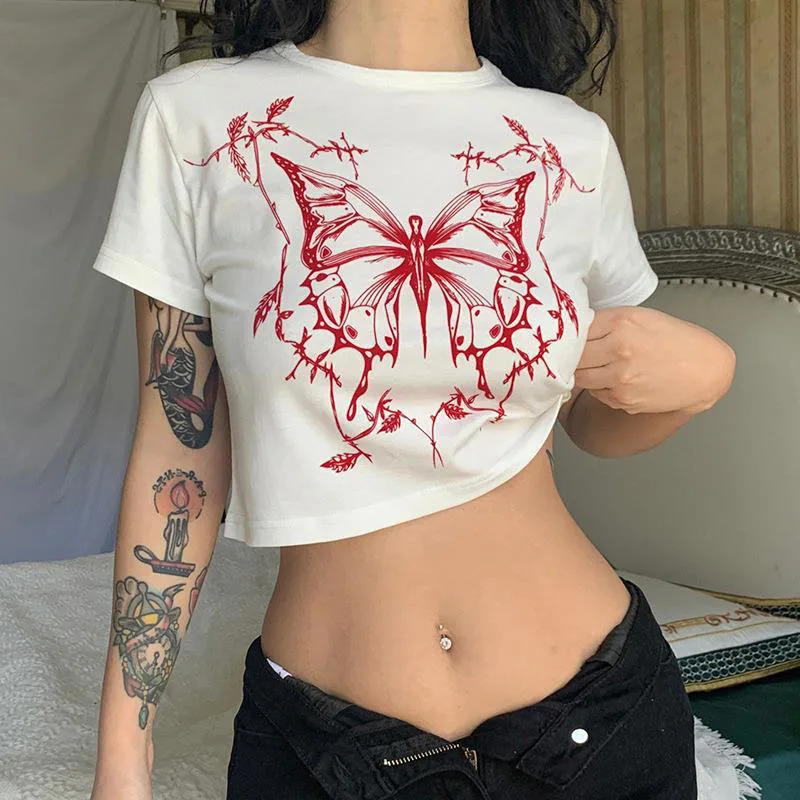 Vintage Fairy Grunge Butterfly Print Short Sleeve O-Neck Fitted Crop Top Punk Harajuku E-girl Tee American Y2K 90S Women T-shirt