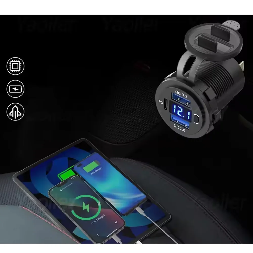 12V USB-Steckdose mit Dual-USB Quick Charge 3.0 Anschluss & PD USB-C Autoladegerät mit Voltmeter und Schalter für Auto, Boot, Marine, LKW – Detail 6