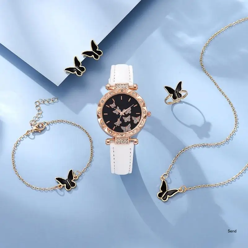 6pcs/set Luxury Watch Women Rings Necklace Earrings Bracelet Set Butterfly Leather Strap Watches Lady Wristwatch No Case