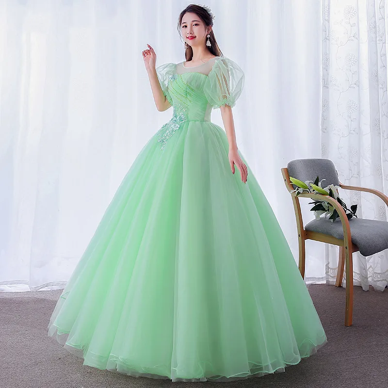 Vestidos De Quinceañera verde menta, manga corta hinchada, 15 Vestidos dulces, apliques De cuentas De flores, Vestidos De baile De Quinceañera