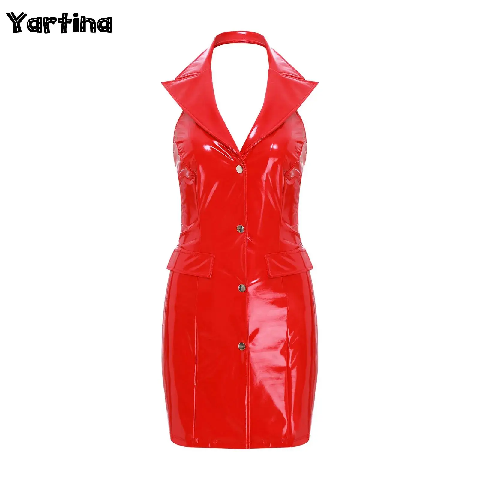 Dames PU-leer wetlook latex jurk bodycon clubwear gekerfde kraag diepe v-hals mouwloze knoppen aan de voorkant rokken mini-jurken