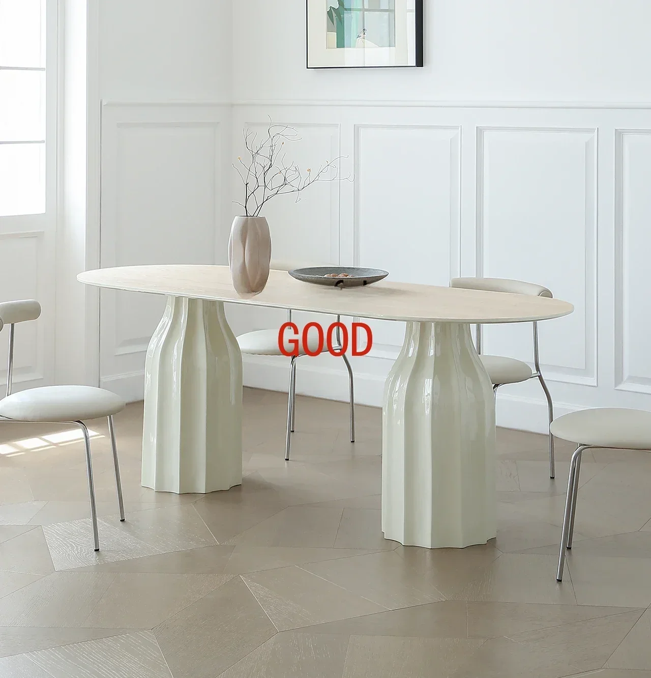 

Shell Dining Table Light French Cream Style Oval Solid Wood Dining Table Modern Simple Home Dining Table
