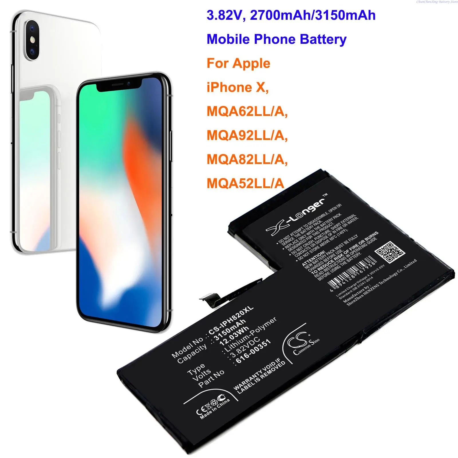 

OrangeYu 2700mAh/3150mAh Mobile Phone Battery 616-00351 for Apple iPhone X, MQA62LL/A, MQA92LL/A, MQA82LL/A, MQA52LL/A