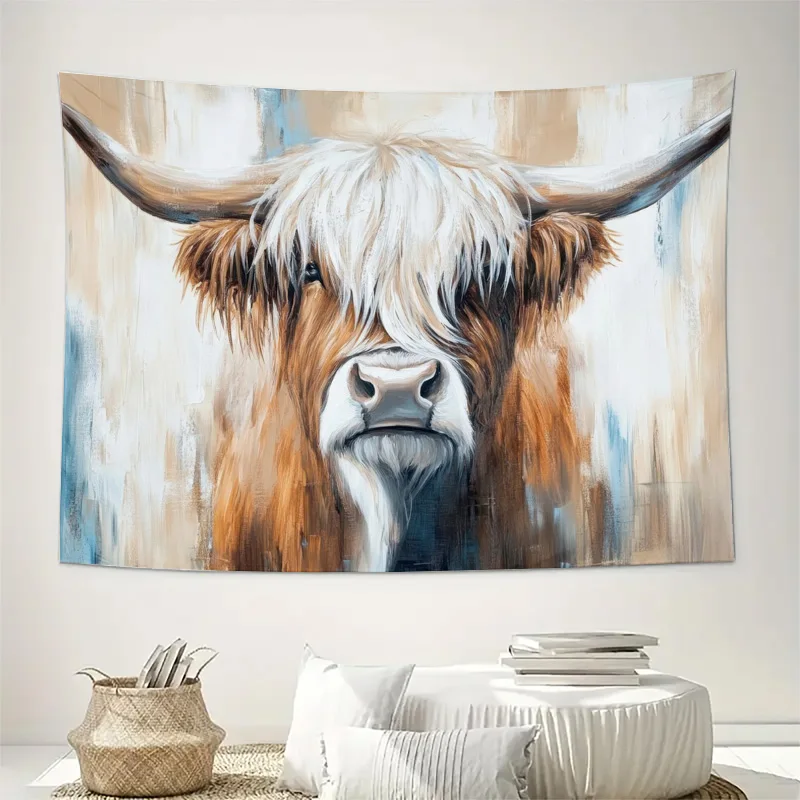Large Highland Cow Tapestry Wall Hanging Print Rustic Farmhouse Decor Canvas Art for Bedroom Living Room Boho Animal Livestock W
