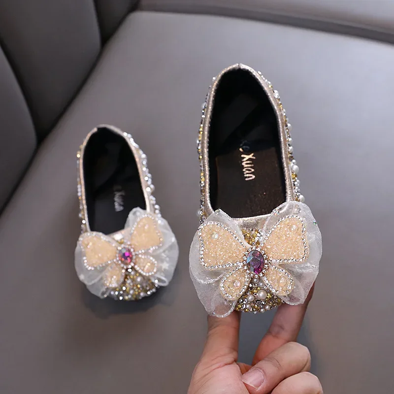 Girls Princess Leather Shoes Rhinestone Pearl Children\'s Flats Spring Autumn Fashion Kids Causal School Performance Ballet Shoes