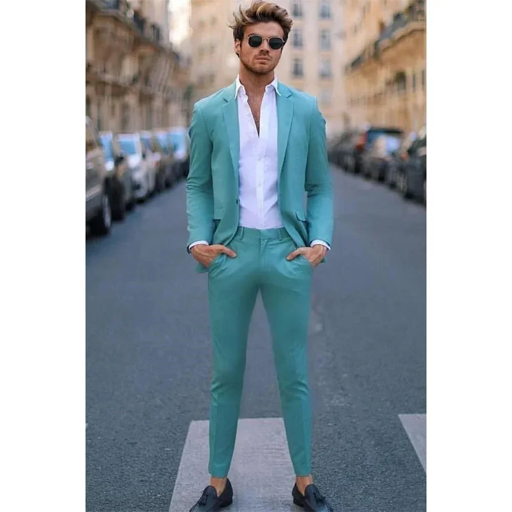 

Chic Mint Green Slim Fit Suits for Men Notch Lapel Single Breasted Regular Length Fashion 2 Piece Jacket Pants Formal Blazer