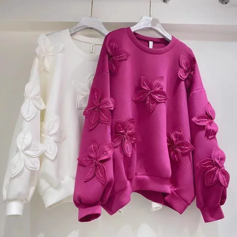 

Fall 2024 New Big Flower Korean Sweet Sweatshirt Chic Beading Loose Casual Pullover Sweatshirts Space Cotton Aesthetic Hoodies