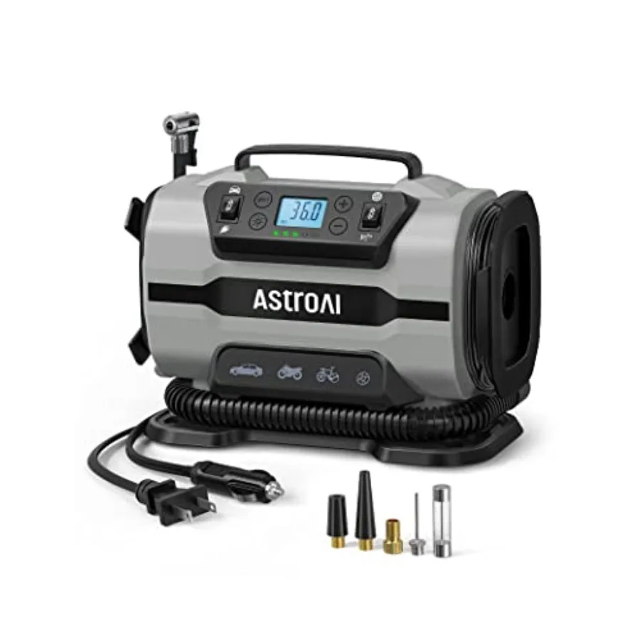 

Tire Inflator Portable Air Compressor Pump 150PSI 12V DC/110V AC with Dual Metal MotorsandLED Light Automotive Car Accessoriesa