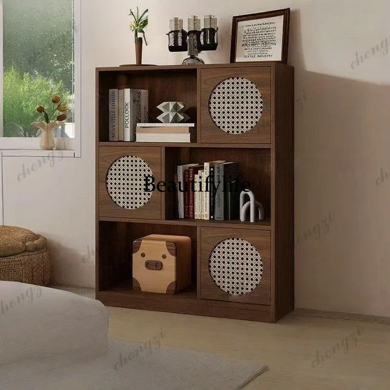 Solid wood bookcase storage integrated living room side cabinet combination shelf color matching rattan bookshelf