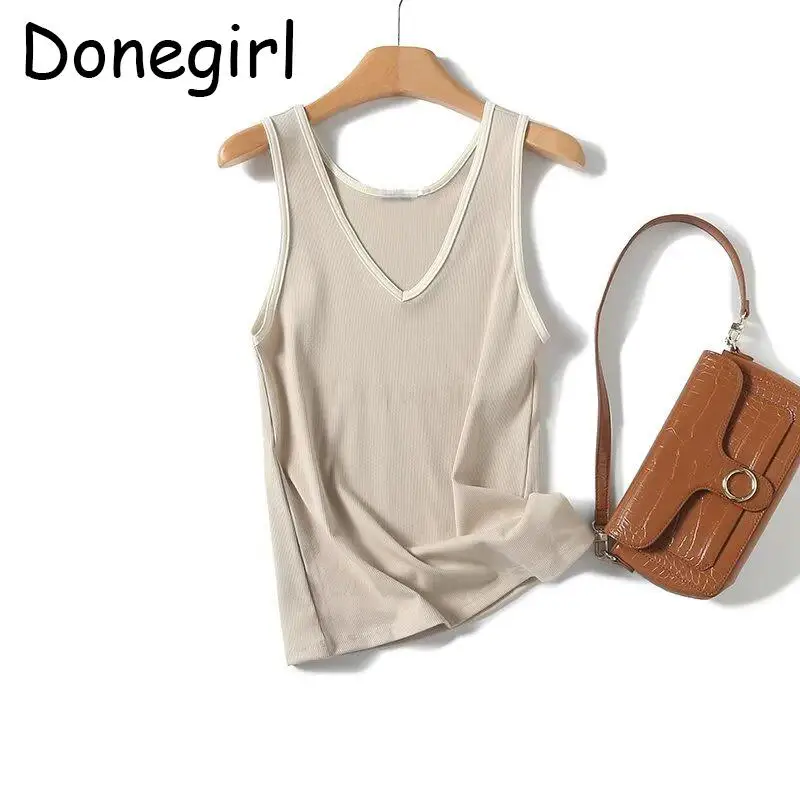 Donegirl 2024 Women Summer New Fashion Basic Contrast Ribbing Vest V-neck Simple Slim Versatile Casual Tank Tops Female Chic