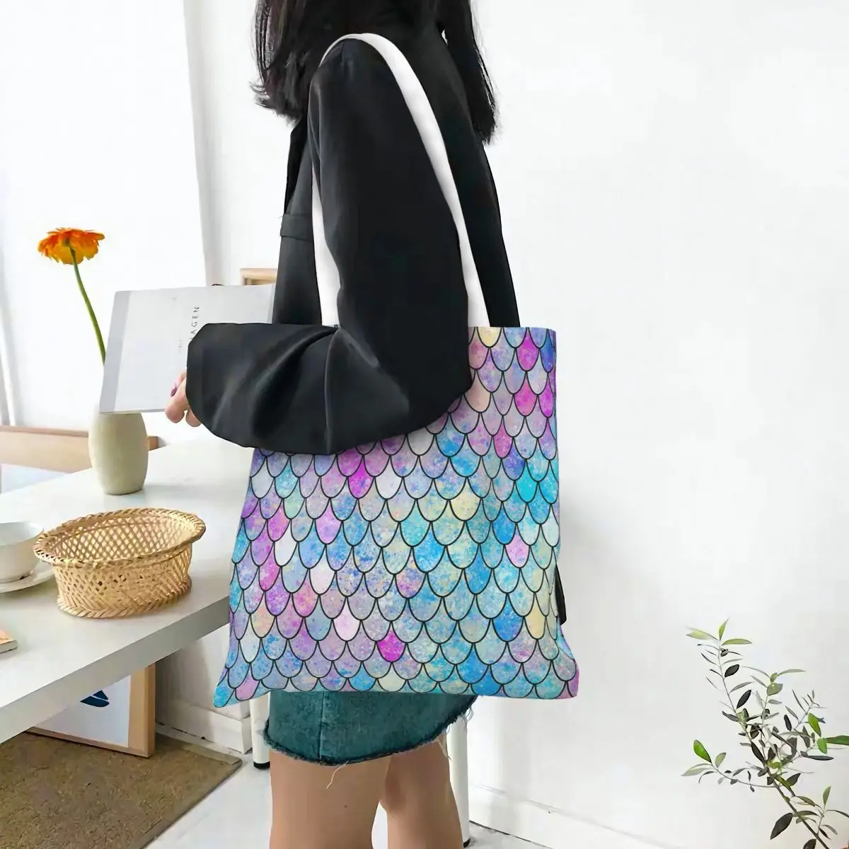 Purples Blues Mermaid Scales 2 Shopping Bags Canvas The Tote Bag Foldable for Girls Shoulder Tote Travel Handbag