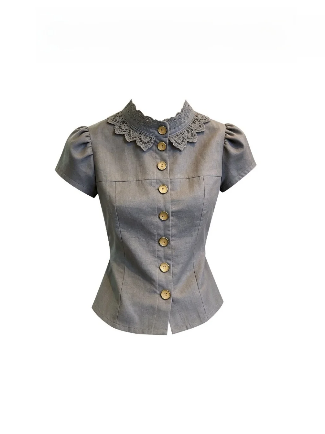 

Gray Lace Splice Collar Shirt Unique Beautiful Top for Women French Style Slim Fit Bubble Sleeve Short Sleeve mid Length