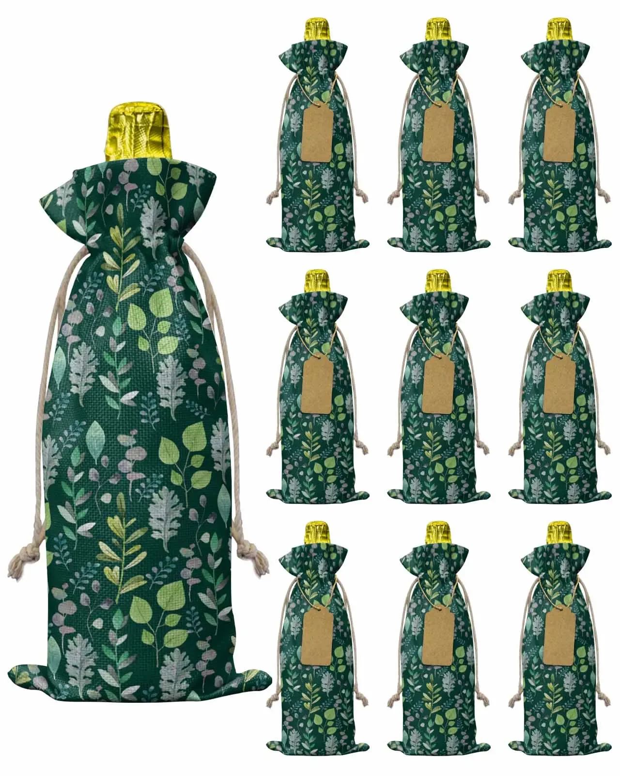 10pcs Plant Green Leaf EucalyptusWine Bottle Bag with Drawstring Festive Party Decor Wine Bottle Covers Gift