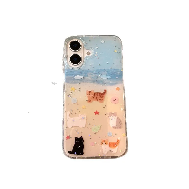 شاطئ أسود القط هريرة محارة الترتر بريق جراب هاتف آيفون 16 15 14 13 برو ماكس حافظة لطيف فاخر الكرتون غطاء مقاوم للصدمات