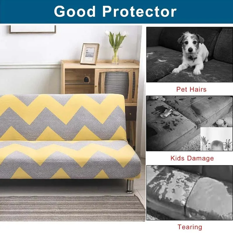 1PC Stretch Non-Slip Armless Sofa Cover Folding Futon Bed Cover with Anti-Slip Bottom Universal Couch Protector for Living Room