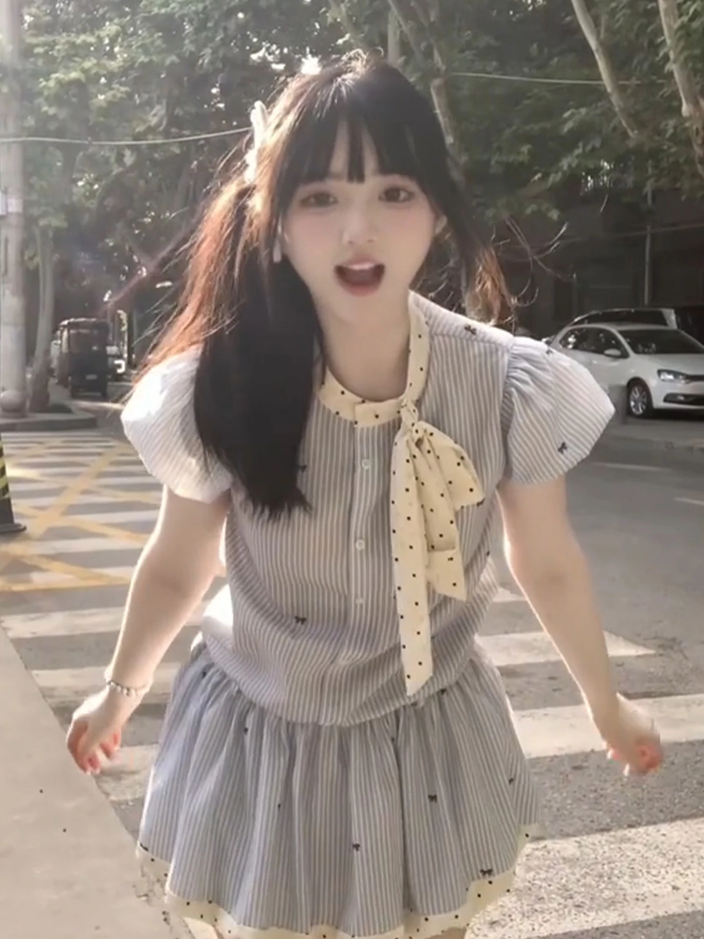 Collège coréen Sle rayé irt Dr femmes été nouvelle jupe Miu ort douce taille haute bulle Sve fibre de polyester a-li...