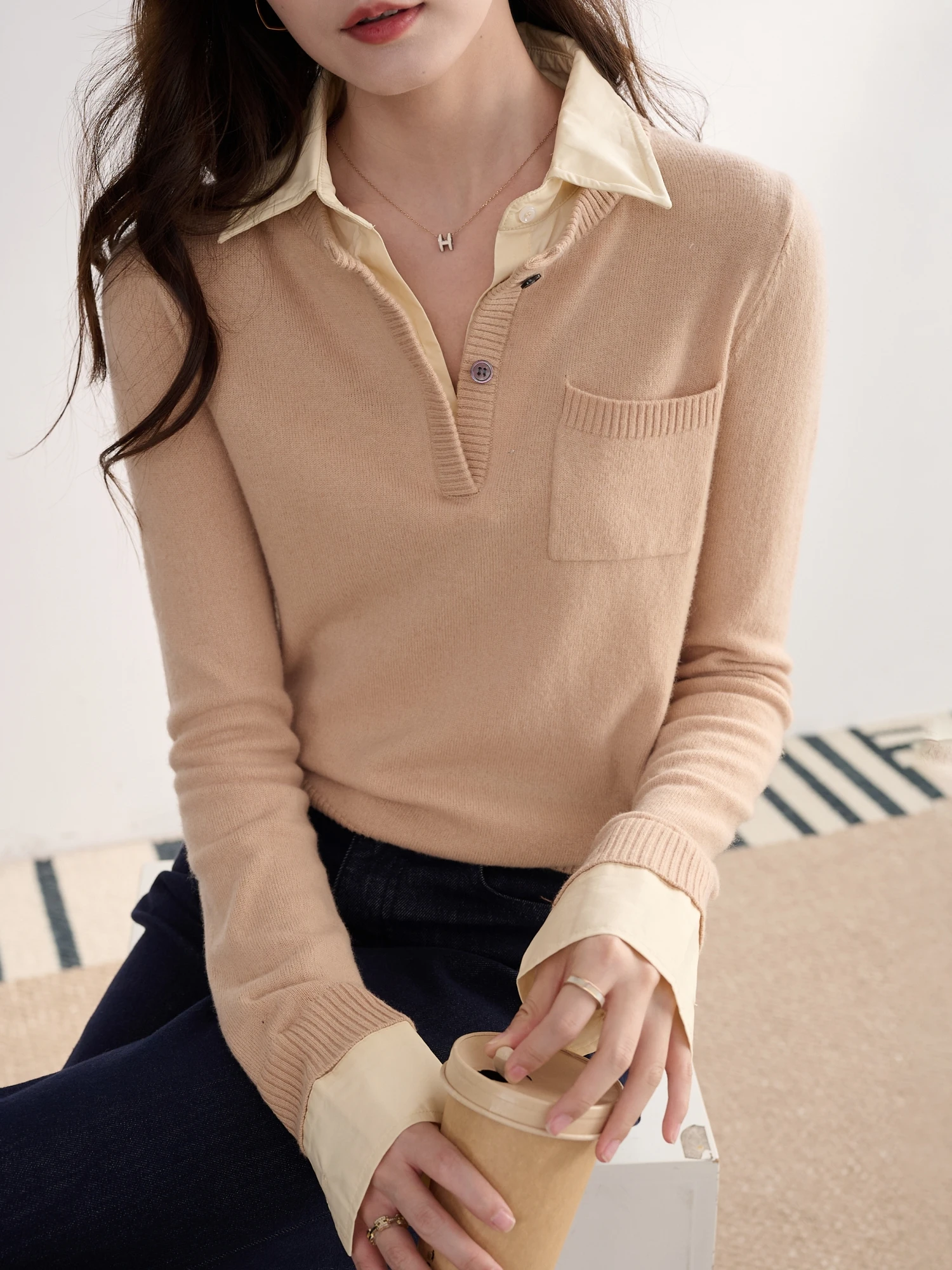 

JPOO Ele Import: Вязаный свитер из австралийской шерсти и хлопка с длинным ворсом, имитация двухслойности, для повседневной носки, женская вязаная одежда