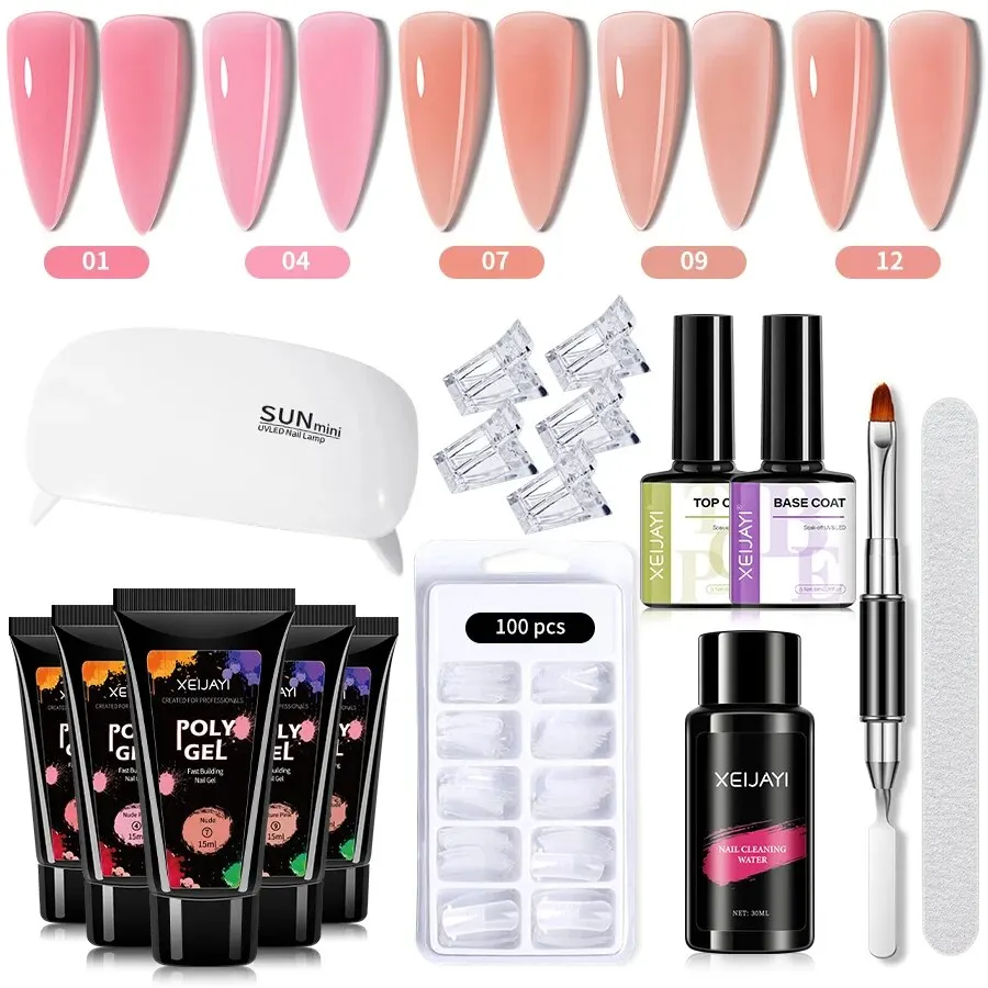 XEIJAYI-juego completo de esmaltes de uñas, Set de 17 piezas para extensión de esmalte de Gel, Base y capa superior, agua de limpieza y molde para uñas, Acr