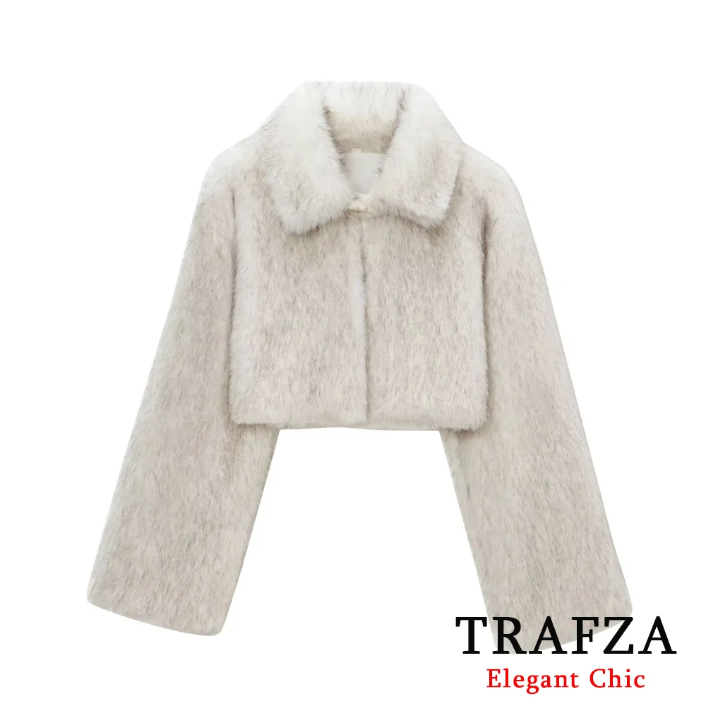 TRAFZA-Women Fashion Faux Fur Short Lapel Jacket Coat Solid Coat New 2024 Autumn Winter Fashion Elegent Casual Lazy Short Jacket