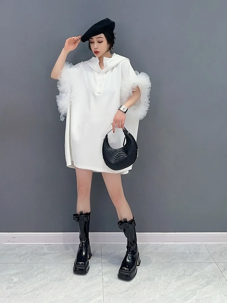 T Shirt 2024 Summer New Fashion Hooded Patchwork Mesh Sleeve Women White Black Single Top Trendy Girl Red Tees ZY554