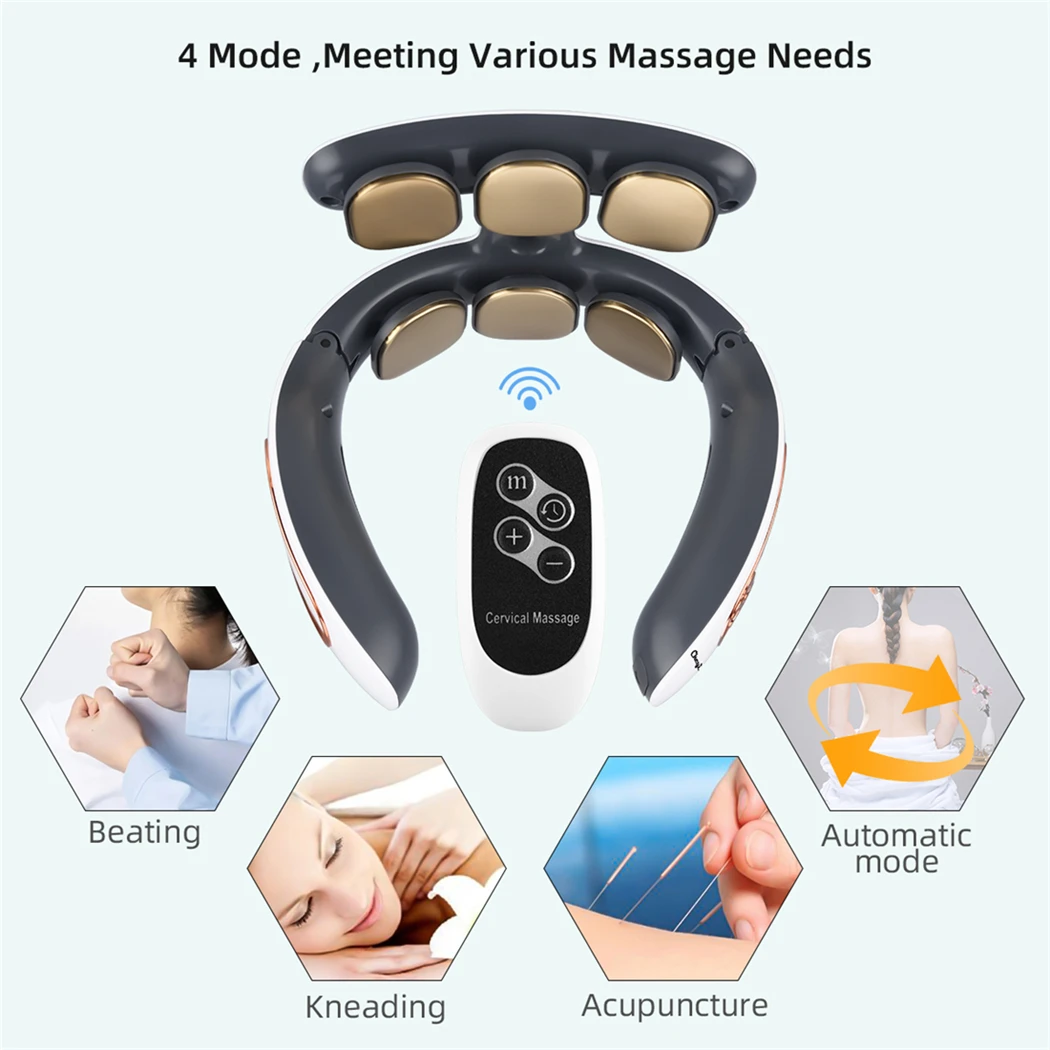 CkeyiN 6D Electric Neck Back Pulse Massager TENS Pulse Rechargeable Hot Cervical Vertebra Relax Pain Kneading Massage & Remote