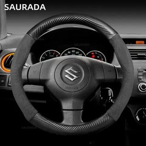 Suede Carbon fiber Steering Wheel Cover For Suzuki Ignis Jimny Samurai grand vitara sx4 swift Alto Emblem XL7 Car Accessories 10 best sales suzuki jimny steering wheel cover - №10
