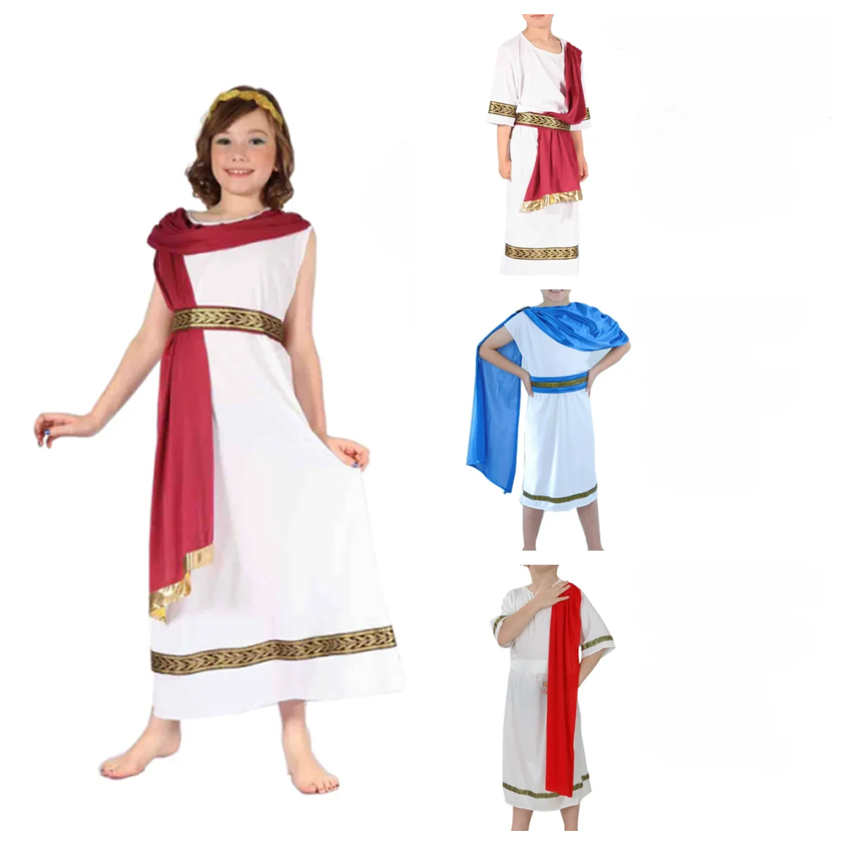 Kinderkostuums Oud Griekenland Cosplay Kleding Prins Prinses Halloween Carnaval Jurk met Sjaal voor Jongen Meisje