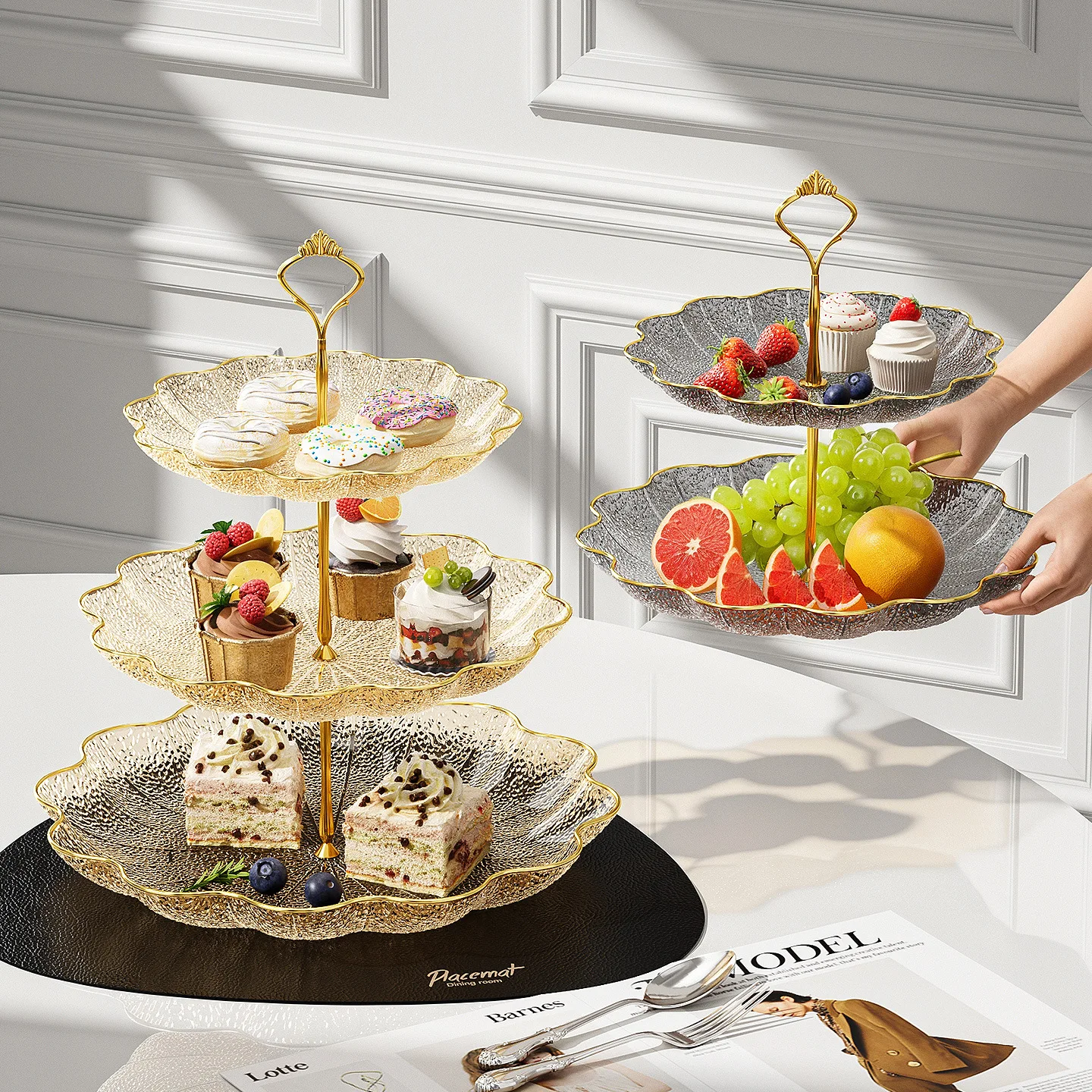 Plato de Frutas de 2/3 Niveles con Forma de Hoja de Loto, Soporte para Mesa de Centro, Bandeja para Aperitivos, Frutas Secas, Postres, Barra, Mostrador, Exhibición para Fiestas