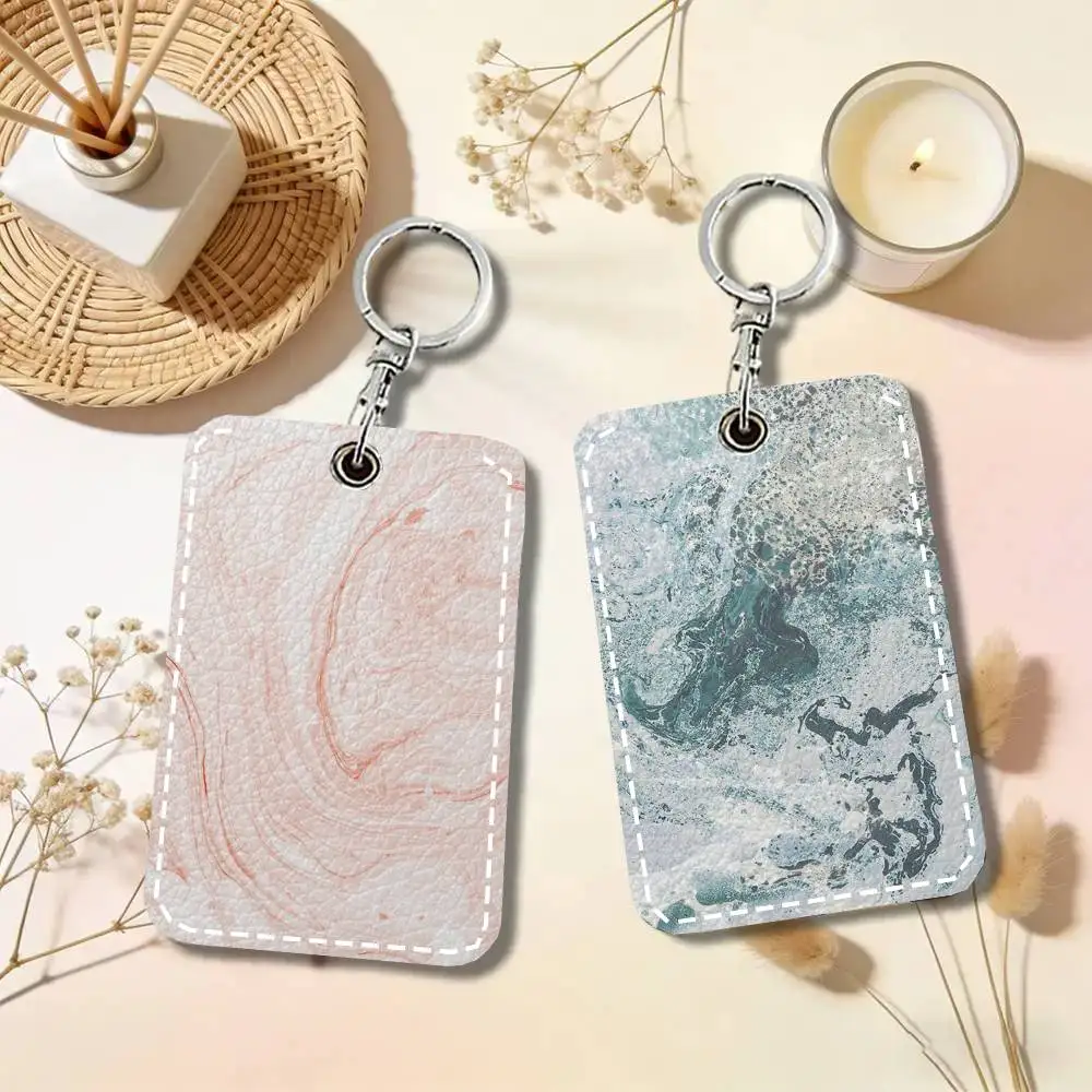 Marble Card Case Keychain Access Card Bag Key Tag Ring Leather Card Holder Key Ring Access