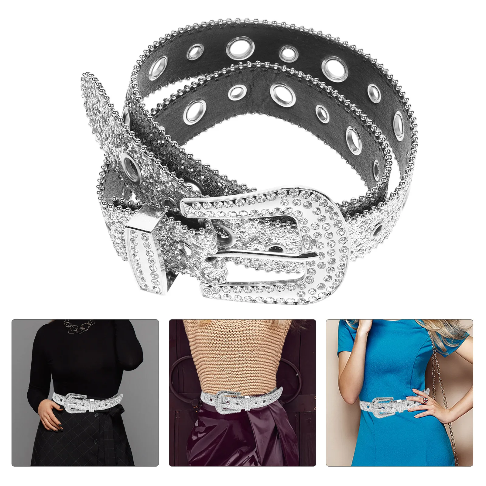 

Rhinestone Belt for Women Wide Waist Belts Silver S Fashion Accessories Sparkly Design Dressy Belts Personalized Style Cowgirl