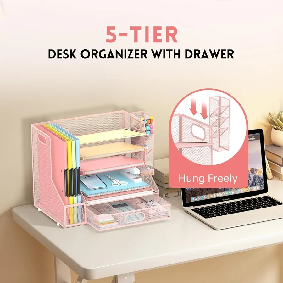 5-Tier Mesh Desk Organizer with File Holder Pen Holder and Sliding Drawer for Efficient Desktop Storage of Office Supplies and