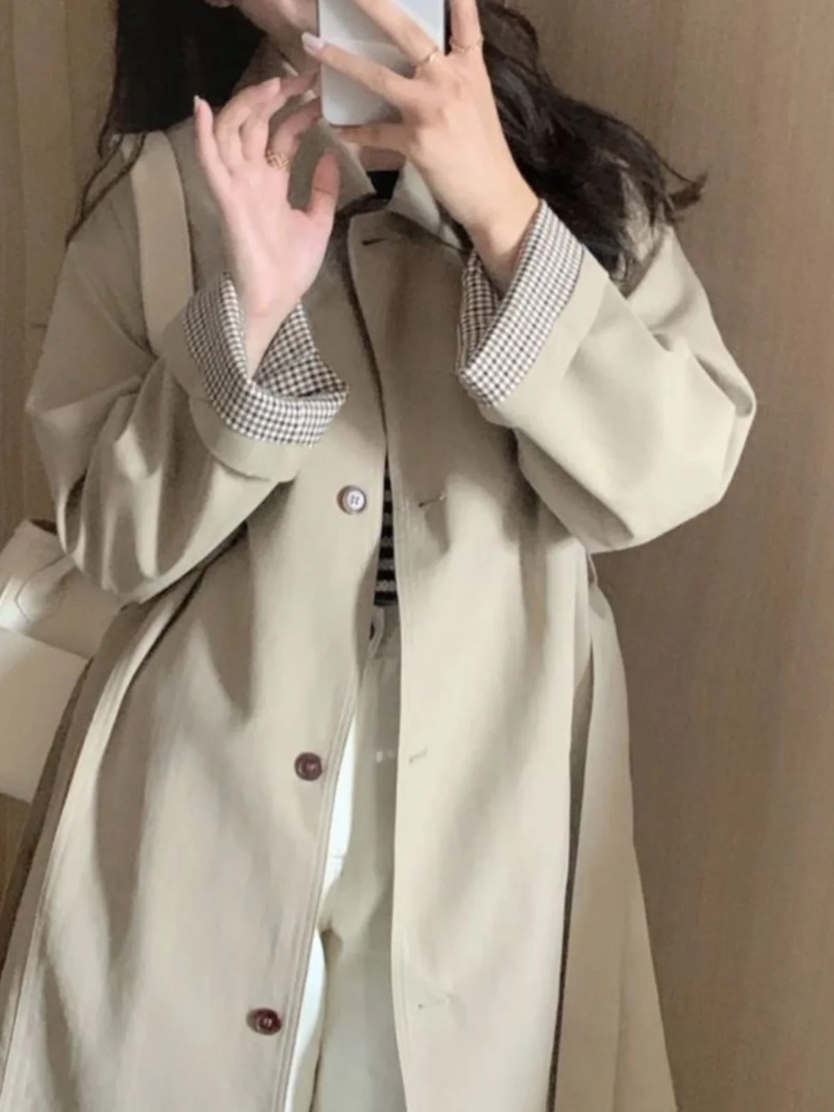 

Женское пальто цвета хаки на раннюю осень 2023 года, новинка, удлиненное, в британском стиле, для повседневной носки, на одной пуговице, с воротником, утепленное, свободного кроя