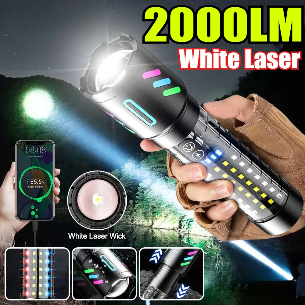 

Ultra Bright LED Flashlight with Fluorescent Strip Rechargeable Aluminum Alloy White Laser Torch Portable Lighting Work Lamp