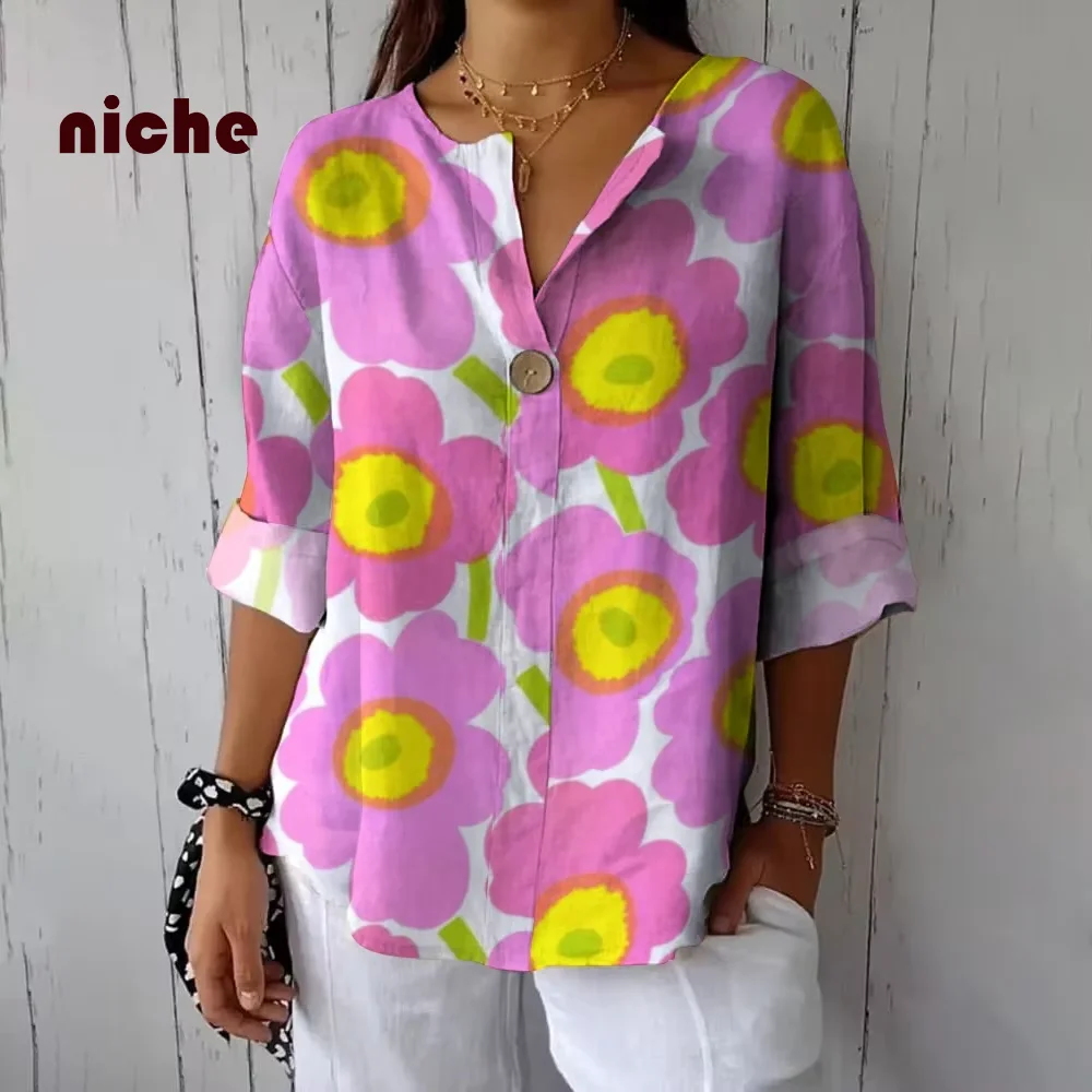 Camisa suave y cómoda para mujer, estampado de flores de colores contrastantes, algodón y lino, tela de alta calidad, mangas largas, nuevo