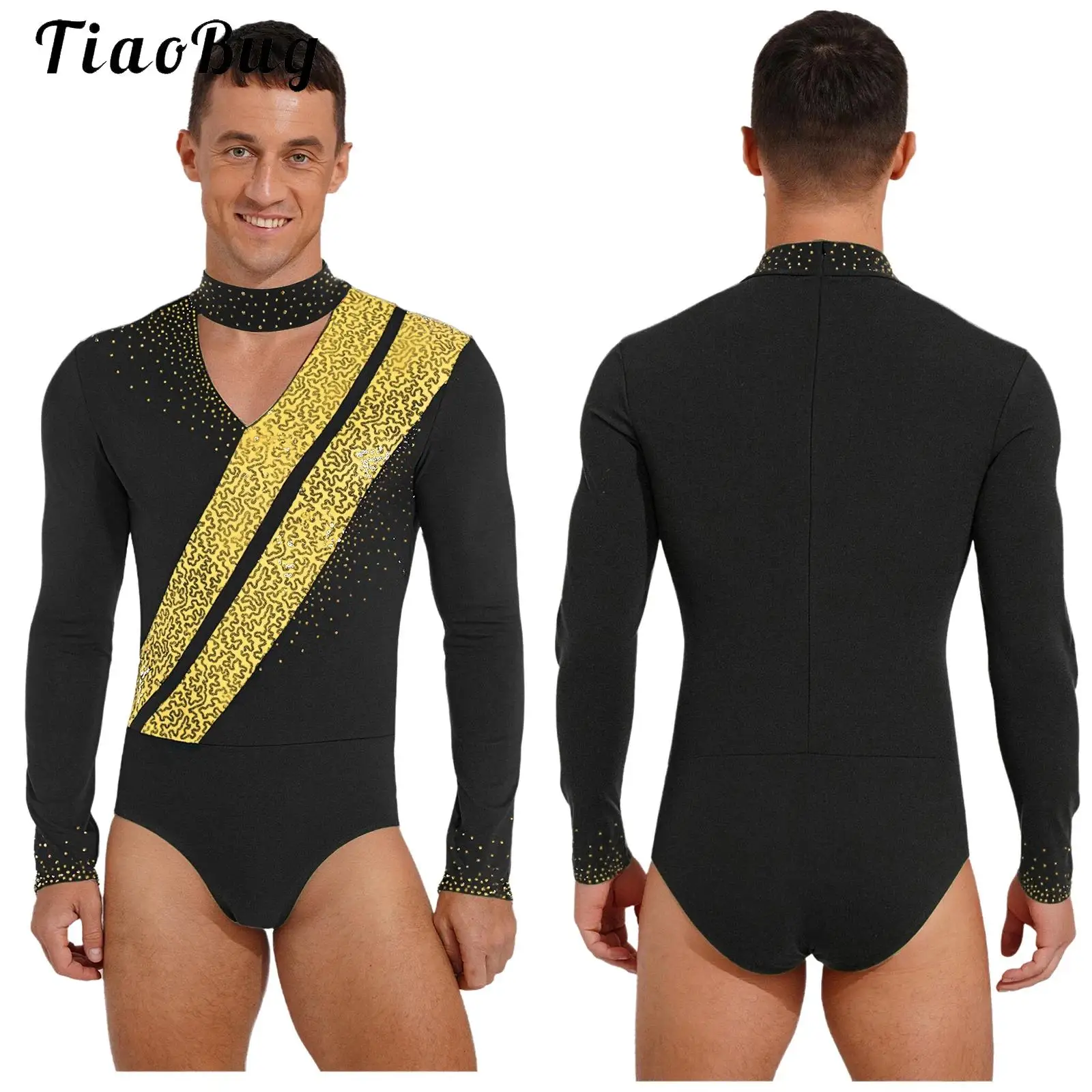 

Sparkly Rhinestone Mens Gymnastics Leotards Professional Artistic Figure Skating Latin Ballroom Dance Tights Bodysuit Costume