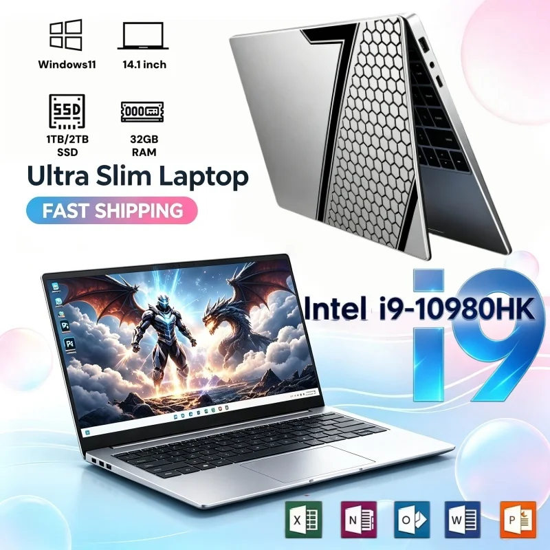 2026 Laptop 14.1 Inch Intel i9-10980HK Ultra-thin Portable Sleek Design Laptop 16GB/32GB RAM Windows11 1/2TB Large SSD
