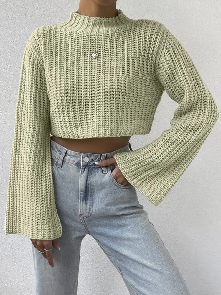 New Korean Style Solid Cropped Sweater Women Vintage Oversize Knit Jumper Fmale Autumn Long Sleeve O-neck Pullovers Tops