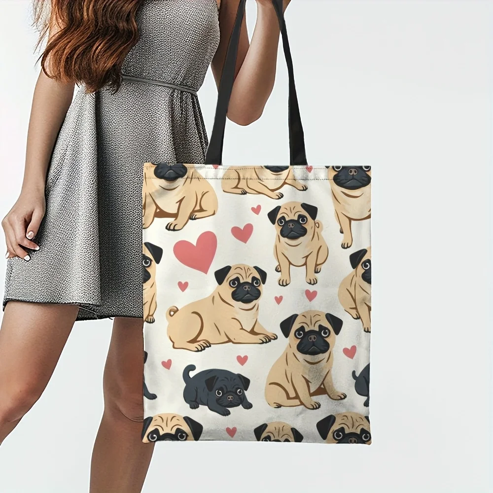1pc Cute Pug Dog Print Tote Bag With Wristlet Spacious Polyester Grocery Bag Suitable For Easter Ramadan Mothers Day Gift