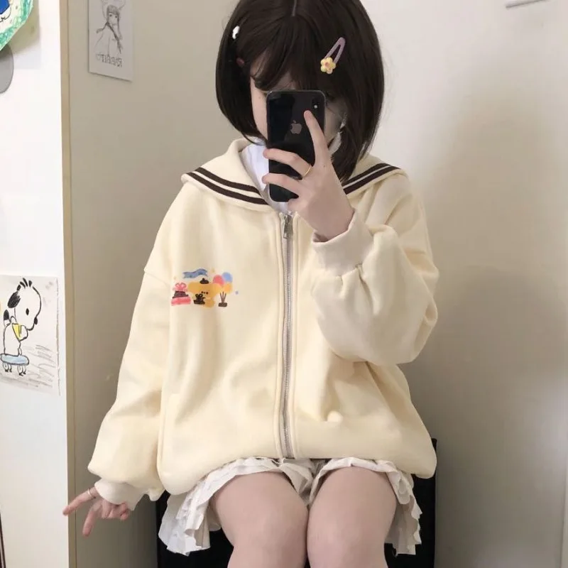 Japanese Style Cute Sweatshirts Harajuku Kawaii Zip Up Hoodie Women Sailor Collar Lolita Girly Anime Print Jacket Oversize New