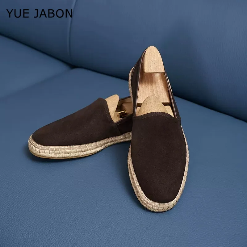 Coffee Men Sewing Real Leather Shoes Slip on Loafers Casual Shoes Man linen Grass Woven Flat Shoes Fisherman Driving Footwear