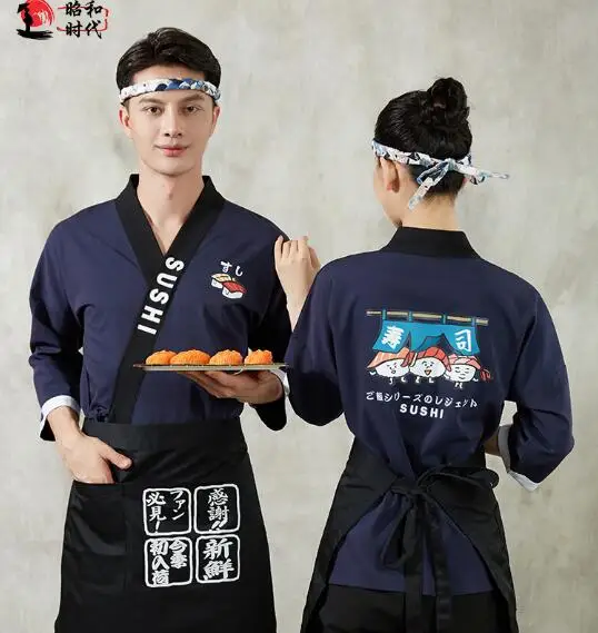 Nieuwe Japanse Sushi Uniform Blauwe Kimono Chef Shirt Restaurant Kookjas Tops Werk Print