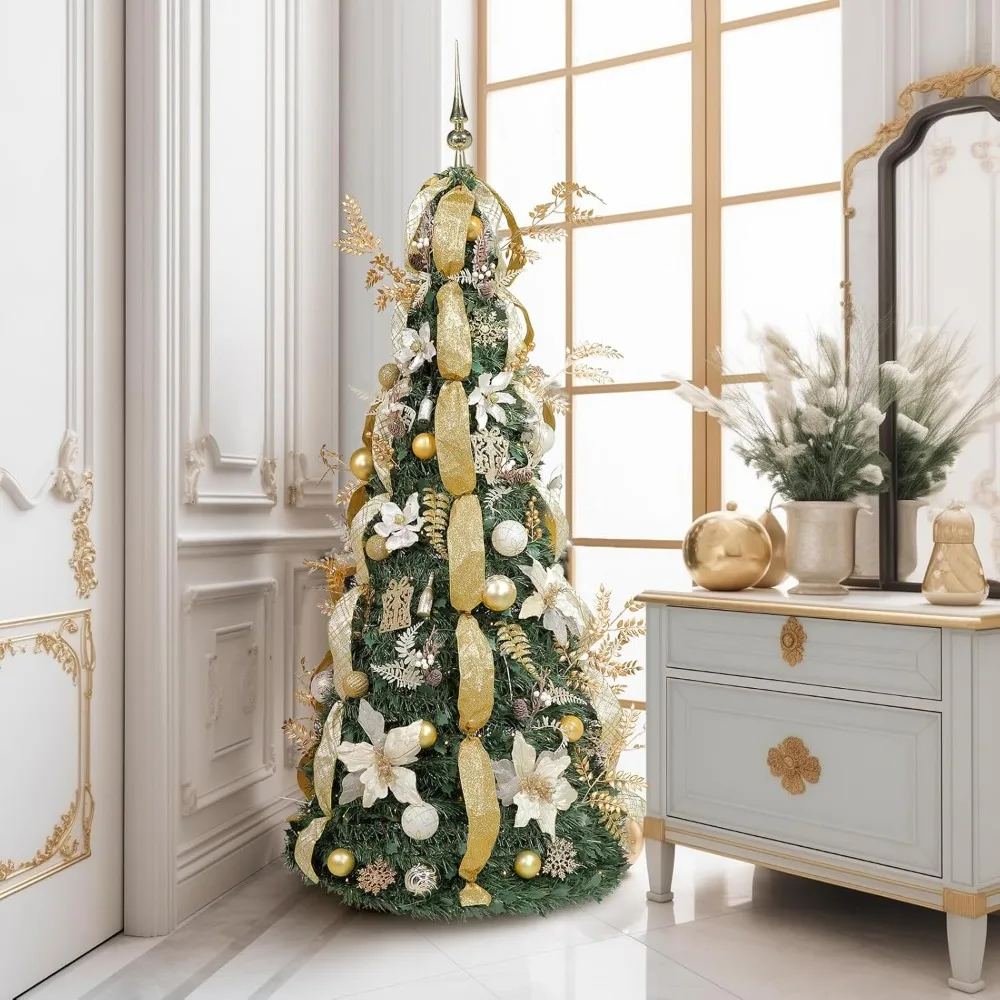 6.5 FT Gold & White Pop-Up Christmas Tree, Pre-Lit and Fully Decorated,Fire-Resistant Collapsible Holiday Decor Christmas Trees.