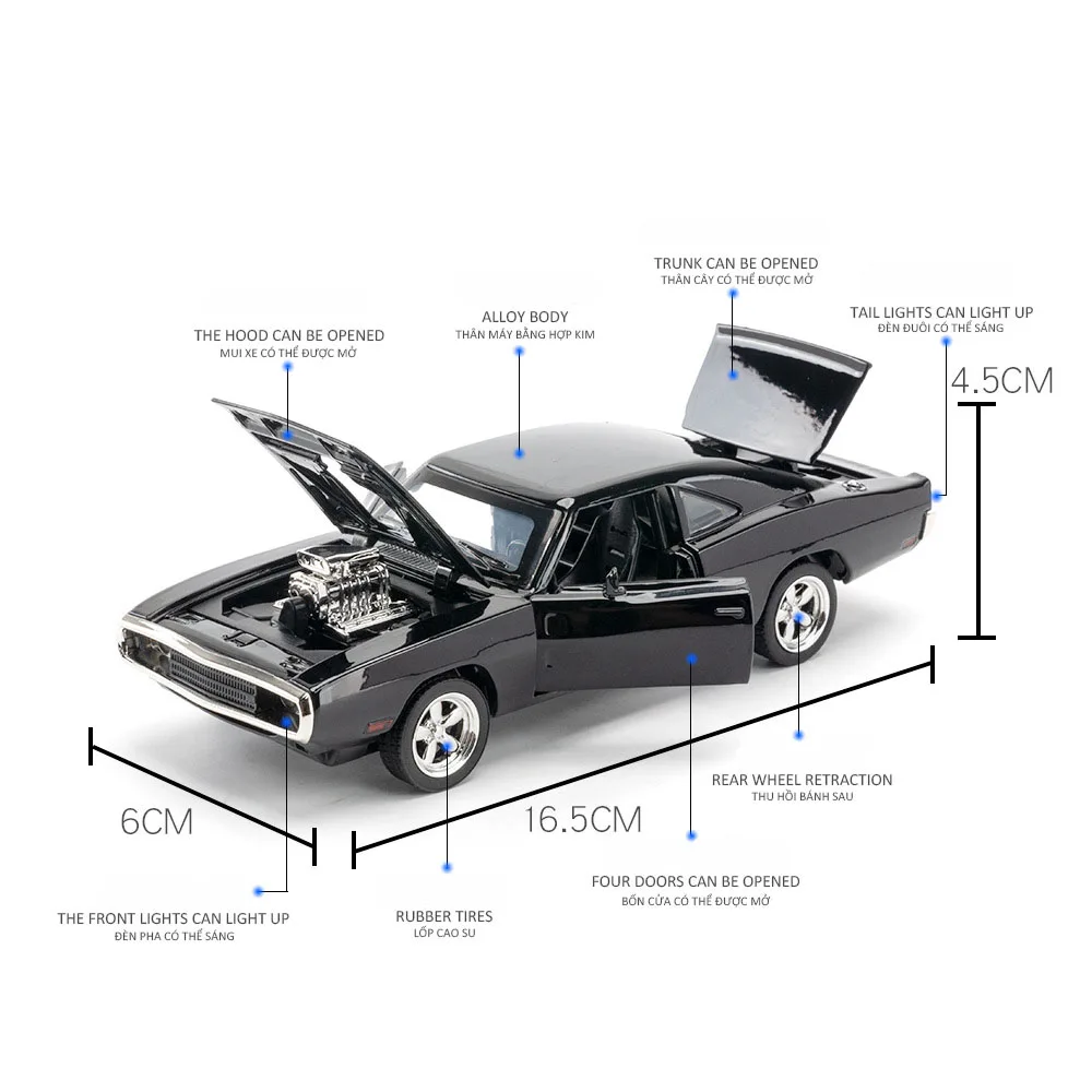 1:32 Oplader 1970 Automodel Diecast Simulatie Terugtrekken Geluid En Lichten Voertuigen Modelspeelgoed Collectie Ornament Kinderen Geschenken