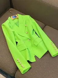 HIGH STREET Newest 2024 Designer Jacket Women's Classic Metal Lion Buttons Double Breasted Slim Fitting Blazer Neon Green