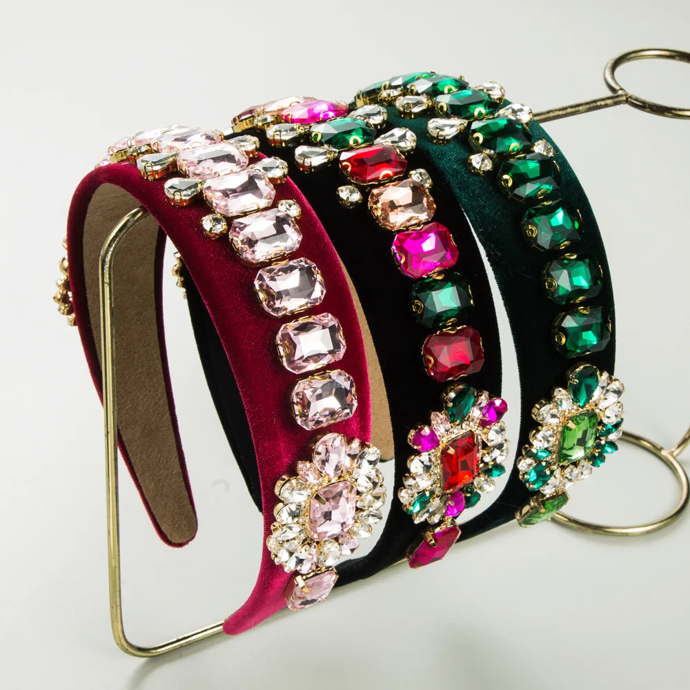 

New retro heavy industry baroque headband flannel alloy glass drill wide edge headband women's hair jewelry wholesale