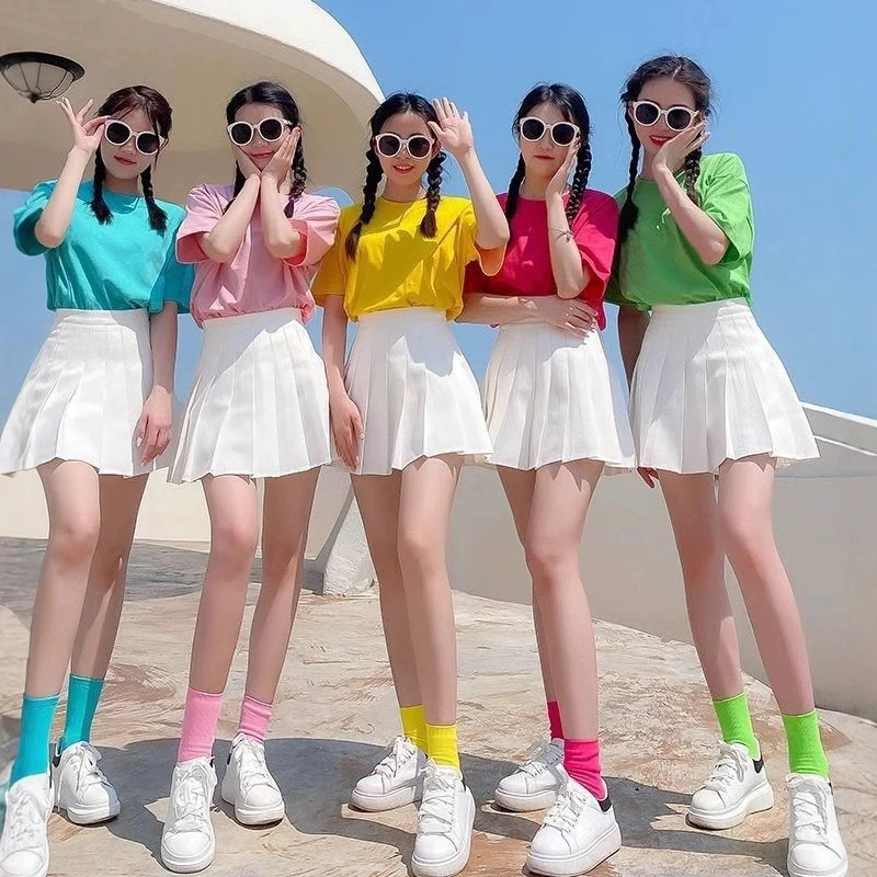 1 Set Cheerleading Uniforms Summer Candy-color Short Sleeve T-Shirt Skirts  Student Team Sports Meeting Performance Costumes