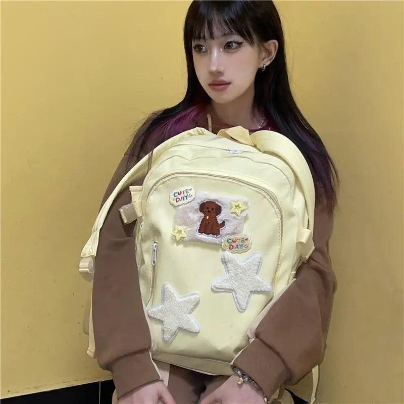 JIAERDI-mochila estrela Harajuku para mulheres, grande capacidade chique, mochila amarela vintage feminina, bordado para cachorro, mochila Y2K, casual, nova