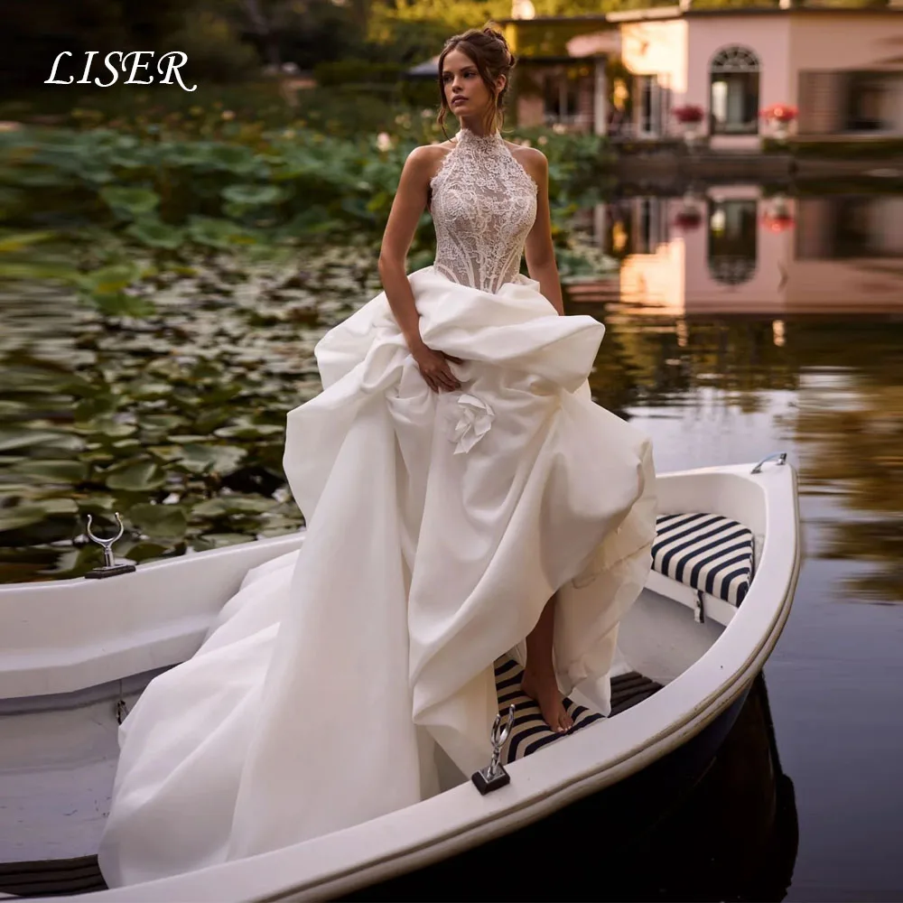 

Свадебные платья Liser Halter A-Line класса люкс с длинным шлейфом, многоярусные, из шелкового атласа и кружева, на заказ, для невесты, свадебное платье (robe de mariée)